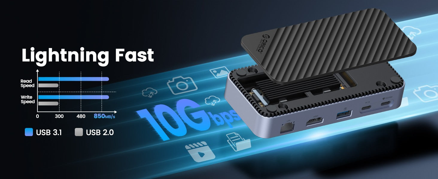 ORICO tipo C HUB con ventilador de refrigeración M.2 NVMe SATA SSD gabinete externo 10Gbps 4K 60Hz HDMI-Com RJ45 SD/TF estación de acoplamiento USB