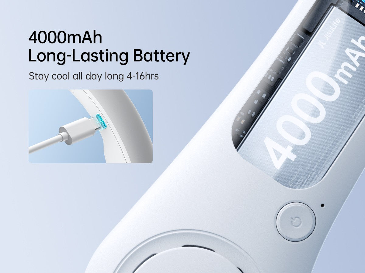 Ventilador de Cuello Portátil JISULIFE, Batería Recargable de 4000mAh, 5 Velocidades Ajustables, Ventilador de Cuello sin Aspas Manos Libres Giratorio para Deporte