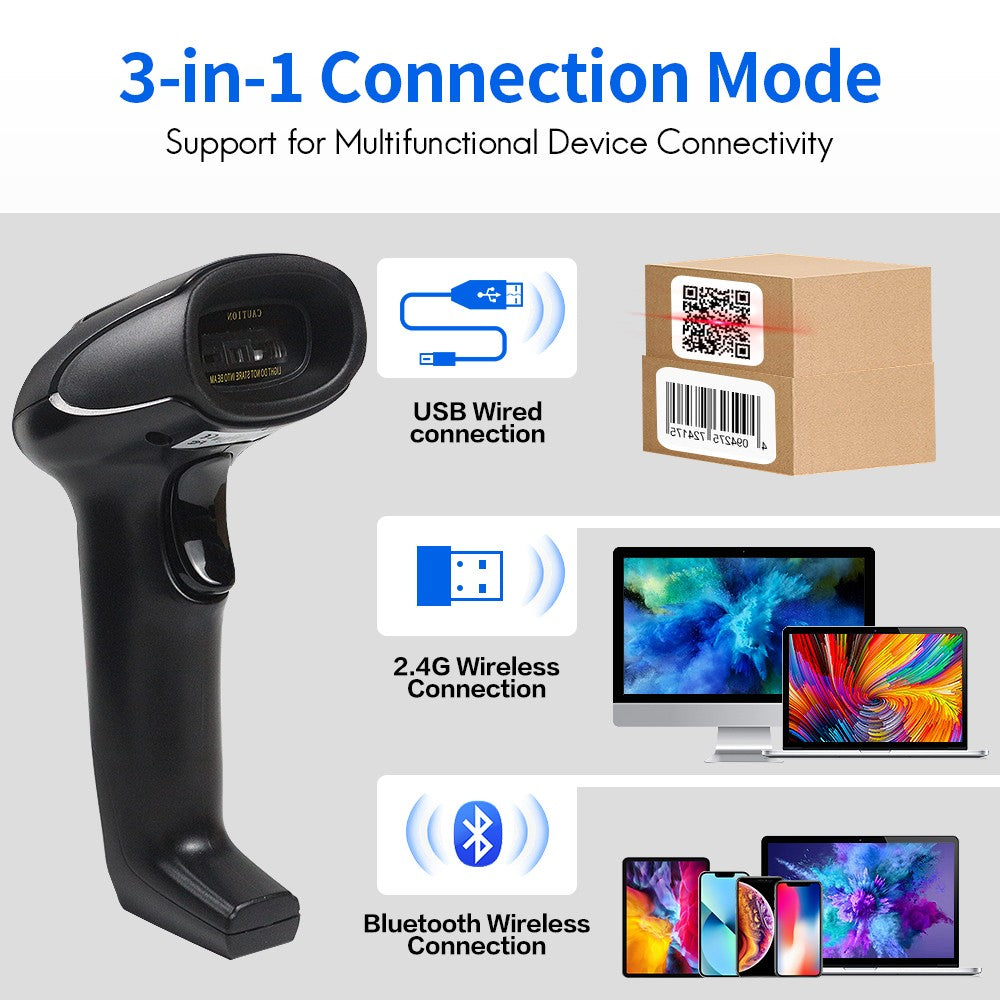 Escáner de código de barras con cable/inalámbrico/Bluetooth, lector de código de barras portátil, matriz de datos 1D/2D, industria de supermercado, nuevo