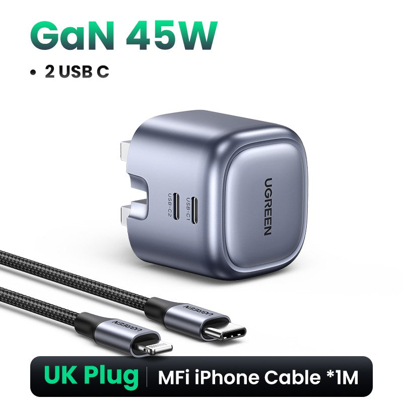 UGREEN GaN 45W cargador USB PD QC 3,0 cargador rápido para iPhone 17 16 15 Pro cargador de teléfono de viaje para Samsung S24 S23
