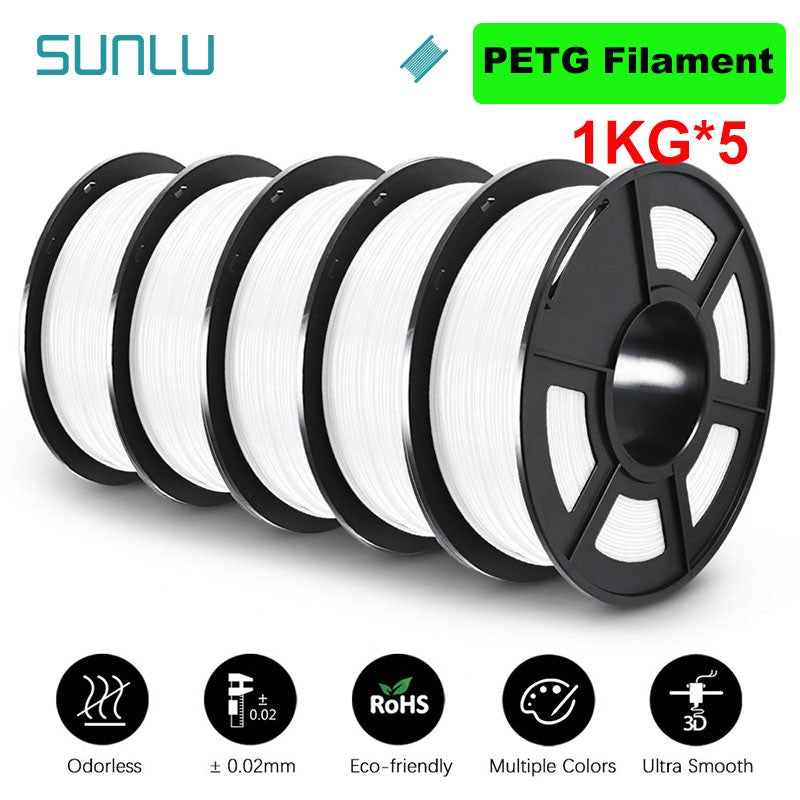 SUNLU Filamento PLA/PETG/PLA PLUS/Transparente de 5 kg, 1.75 mm, 5 Rollos de 1 kg, Filamento 3D para Impresora y Bolígrafo 3D, Enrollado Cuidadosamente