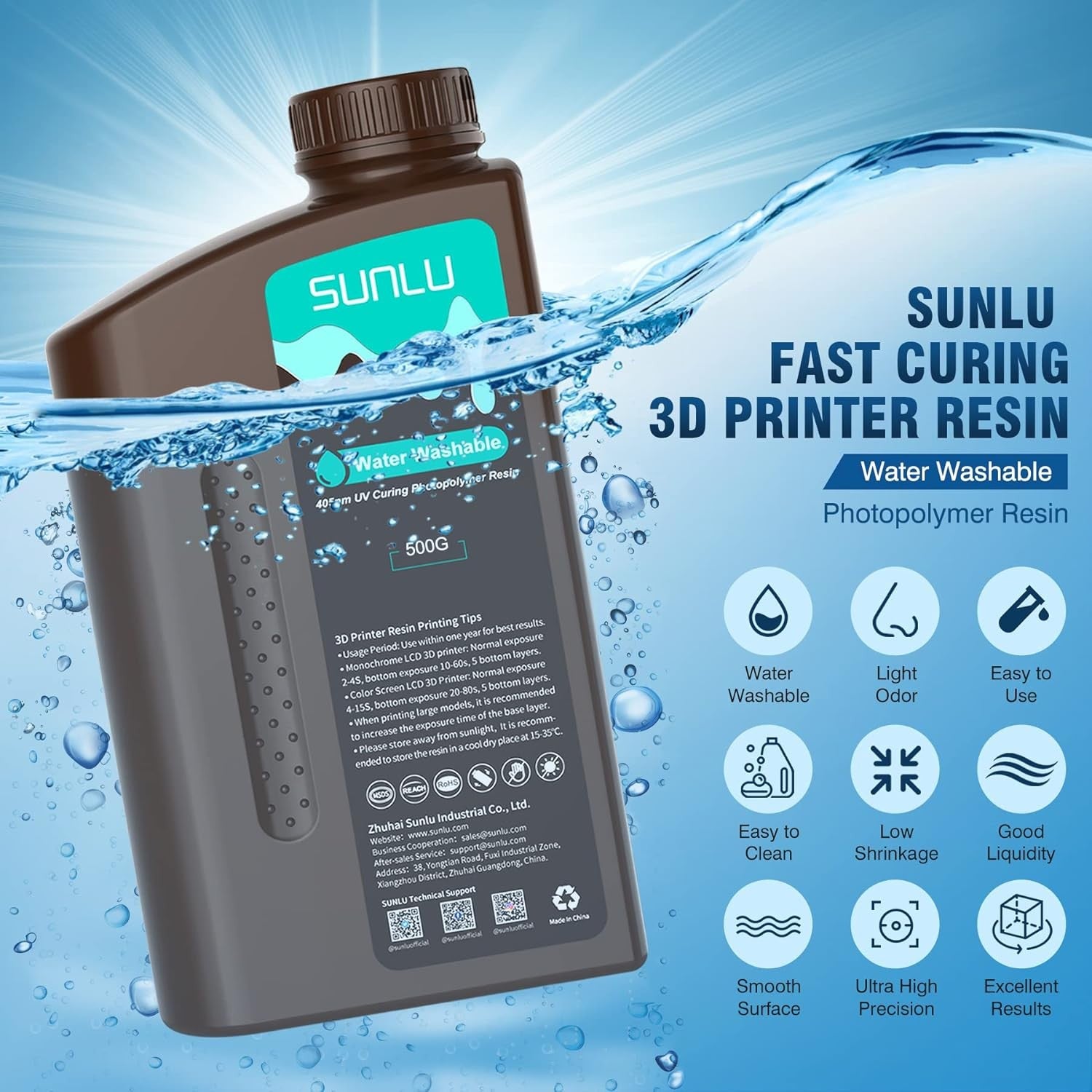 Resina 3D SUNLU de 2 kg, tipo ABS/estándar/lavable con agua, resina UV de 405 nm para la mayoría de las impresoras 3D SLA/DLP/LCD, material sensible a la luz UV, 1 kg