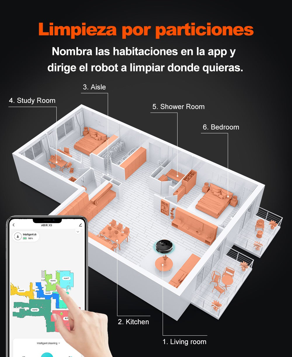 (Código de cupón: GCC800)  Robot Aspirador ABIR X9, Navegación Láser, Succión 6500Pa, Mapa Multiplantas, Doble Lámpara UV, Control Inteligente de Zonas, Tecnología de Refuerzo Automático para Alfombras, Versión de Gama