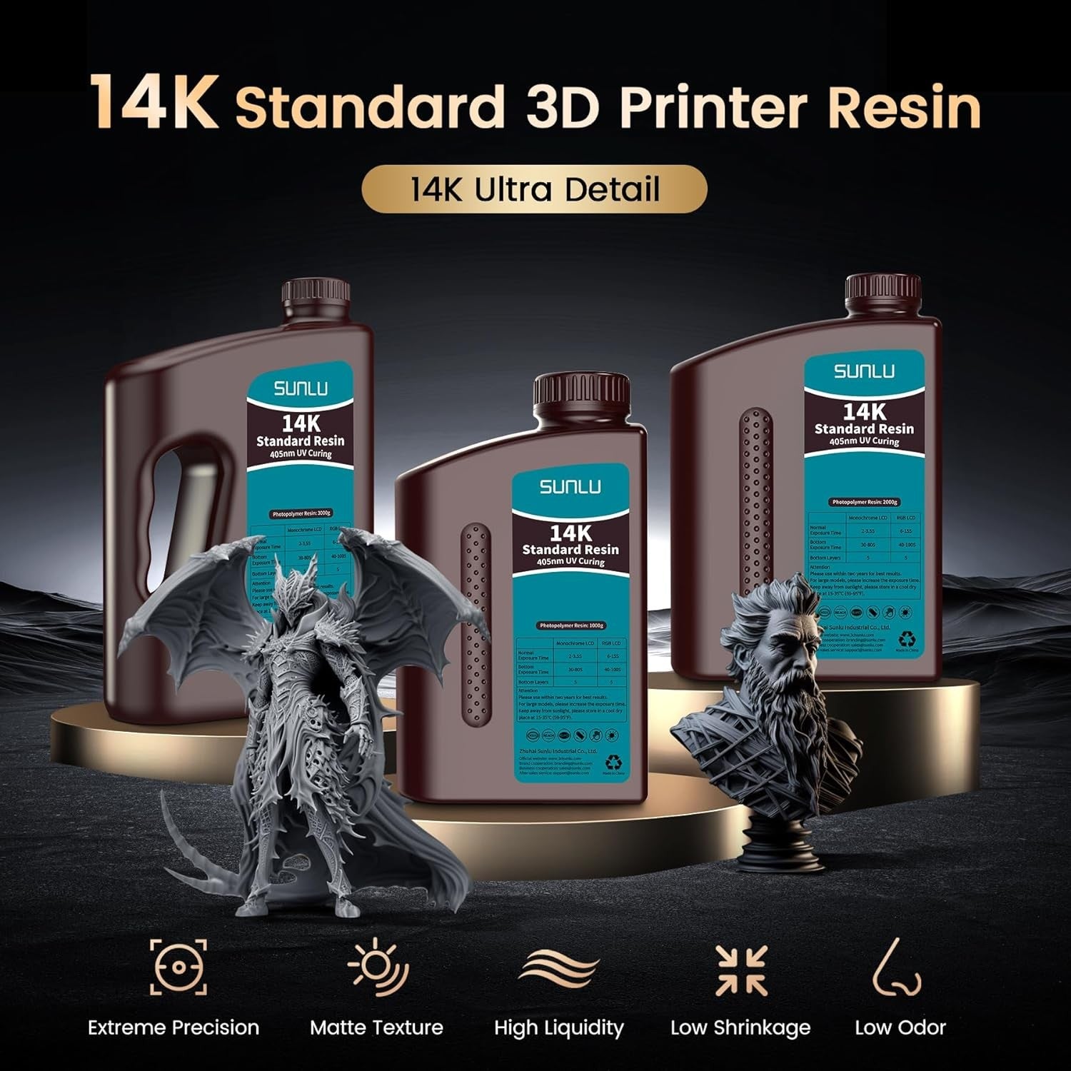 Resina 3D SUNLU de 2 kg, tipo ABS/estándar/lavable con agua, resina UV de 405 nm para la mayoría de las impresoras 3D SLA/DLP/LCD, material sensible a la luz UV, 1 kg