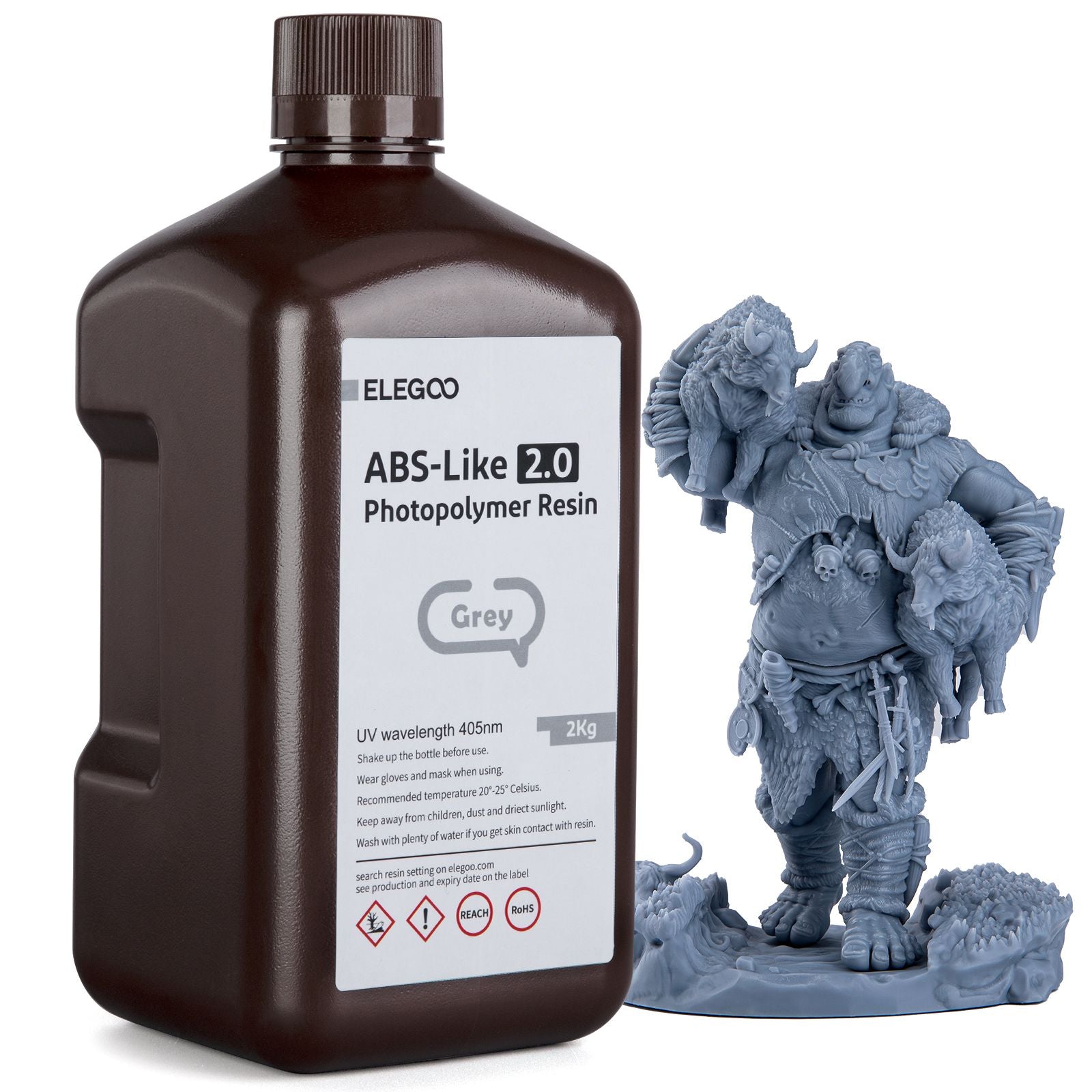 ELEGOO Resina para impresora 3D 2kg 405nm Resina tipo ABS de curado UV para impresión LCD 3D, alta precisión, bajo olor, gris 2000g