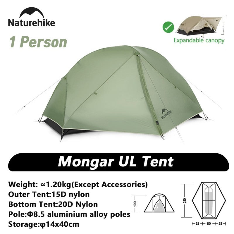 Carpa Naturehike Mongar 2 para Camping y Playa, Nailon 20D Impermeable, Carpa para 2 Personas, Mongar UL Ultraligera, Carpa de Senderismo para 3 Estaciones
