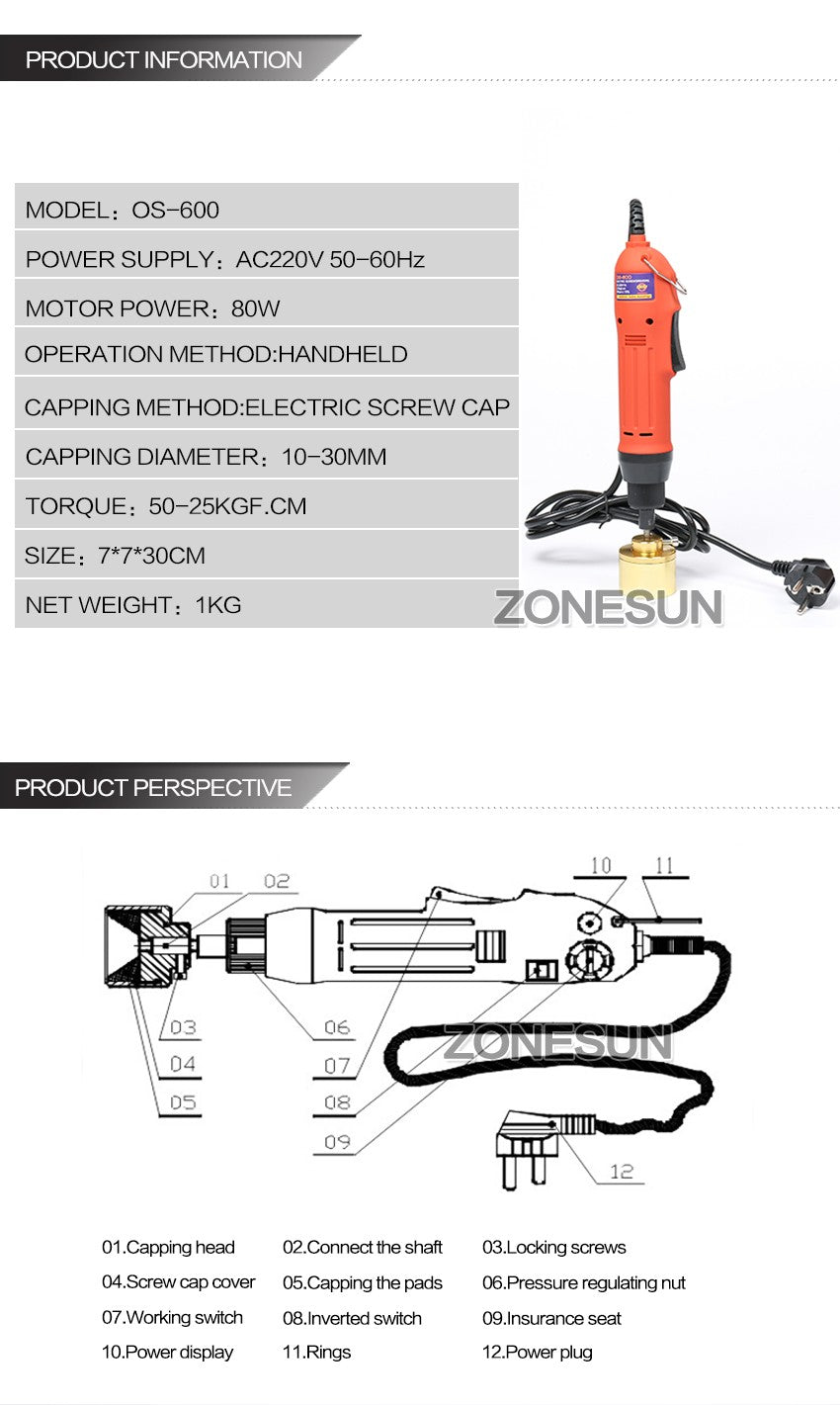 ZONESUN Máquina taponadora manual Taponadora de botellas de aceite de humo de plástico con tornillo (10-30 mm)