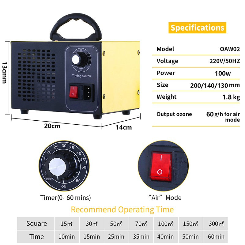 ATWFS-generador de ozono purificador de aire para el hogar, Ozonizador, limpiador de O3, elimina el olor, 220v, 60g/48g
