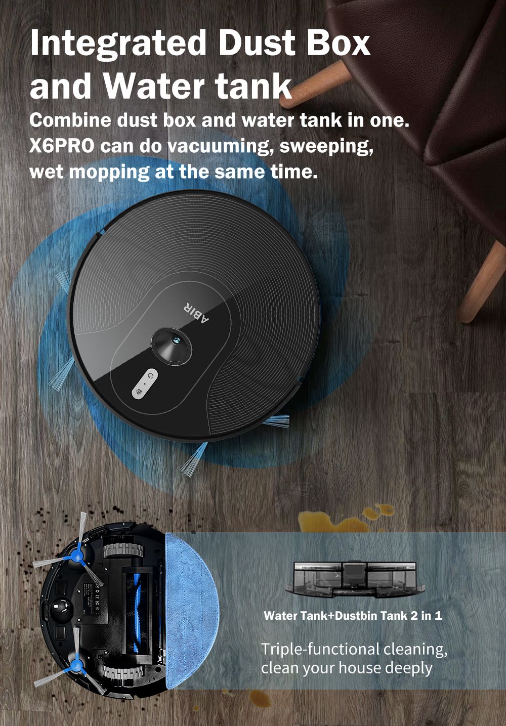 Robot aspirador ABIR X6 con sistema de ojo inteligente, succión 6000pa, software virtual wall, limpieza de áreas, desinfección por limpieza húmeda, tarjeta de memoria, compatible con Alexa, Google Home
