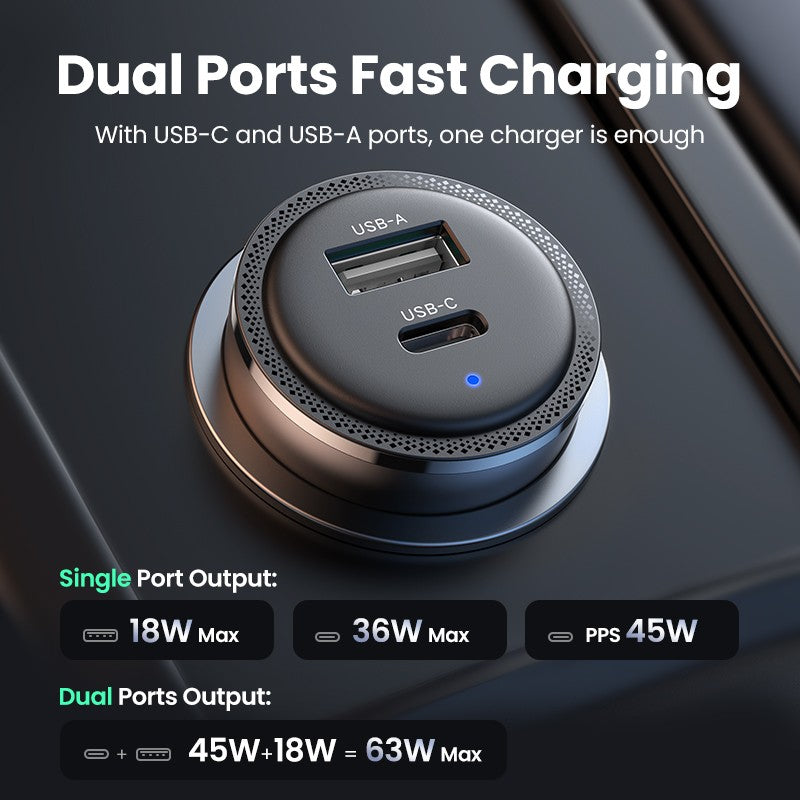 Nuevo en UGREEN 63W cargador de coche PD QC 3,0 PPS 45W USB tipo C carga rápida para iPhone 17 16 Samsung Xiaomi cargador de teléfono móvil