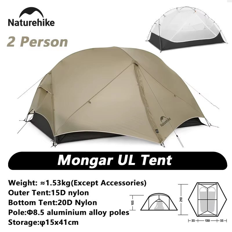 Carpa Naturehike Mongar 2 para Camping y Playa, Nailon 20D Impermeable, Carpa para 2 Personas, Mongar UL Ultraligera, Carpa de Senderismo para 3 Estaciones