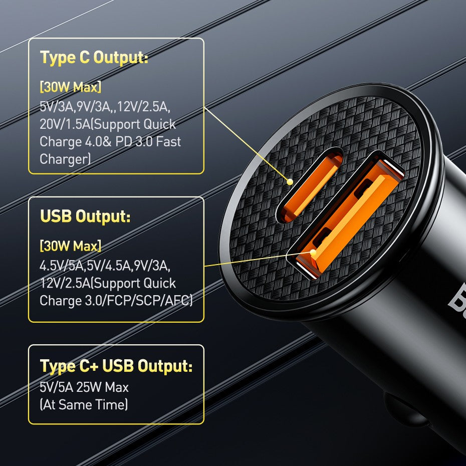 Baseus-cargador USB para coche, dispositivo de carga rápida de 30W, 4,0, 3,0, FCP, SCP, PD, para Xiaomi iPhone16, 15, 14 Pro Max