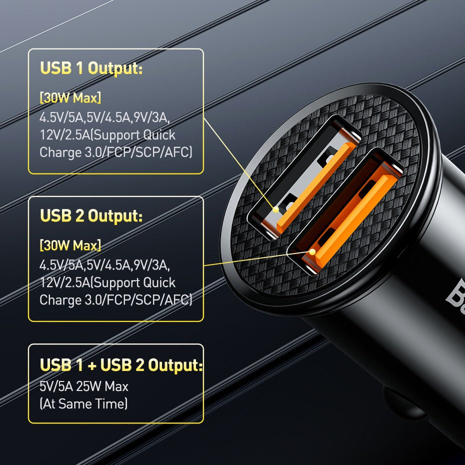 Baseus-cargador USB para coche, dispositivo de carga rápida de 30W, 4,0, 3,0, FCP, SCP, PD, para Xiaomi iPhone16, 15, 14 Pro Max