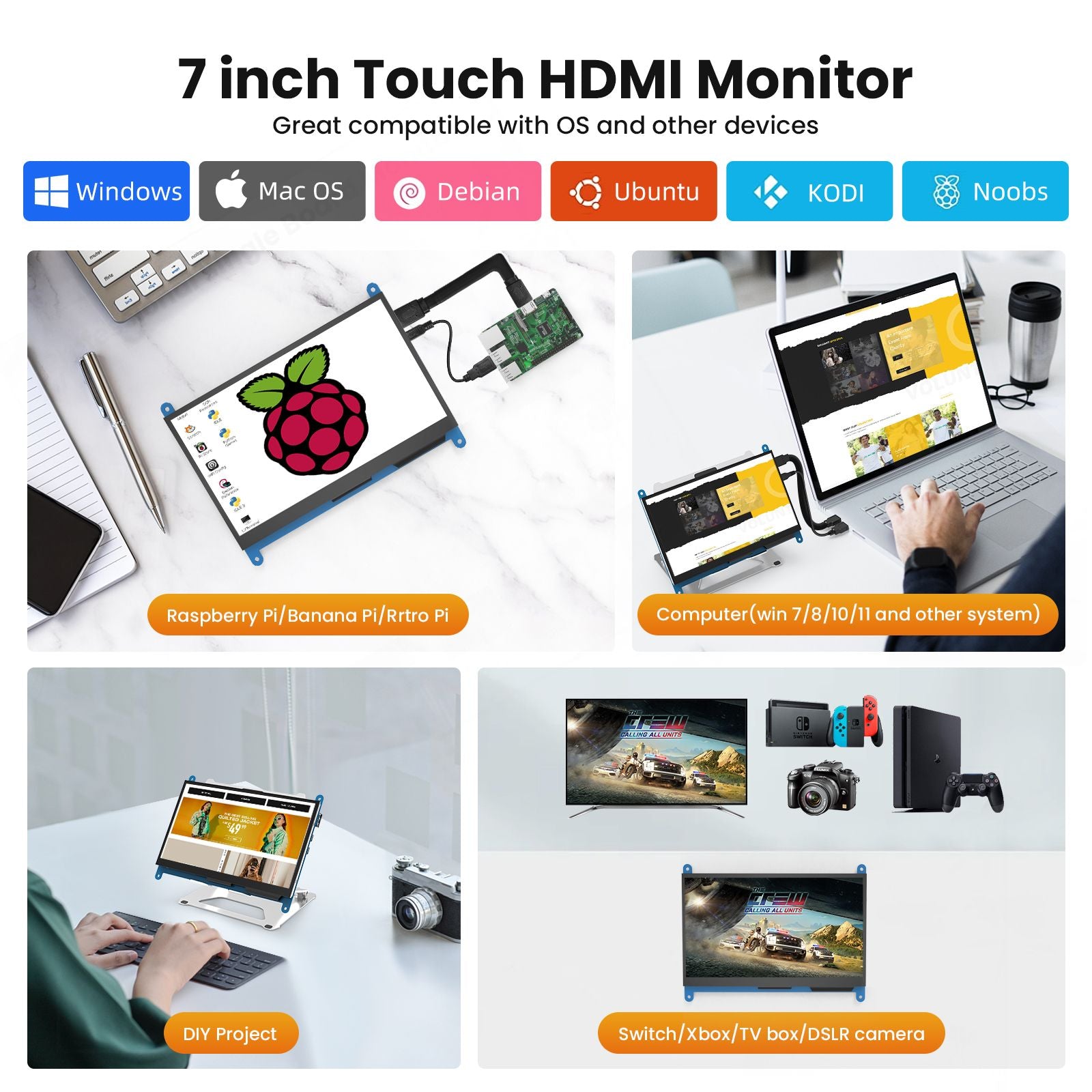Miktver Monitor de pantalla táctil capacitiva de 7 pulgadas 5 puntos 1024x600 HD IPS pantalla compatible con Raspberry Pi 4/3/2/1/B/B+/A+, Win 10/8/7