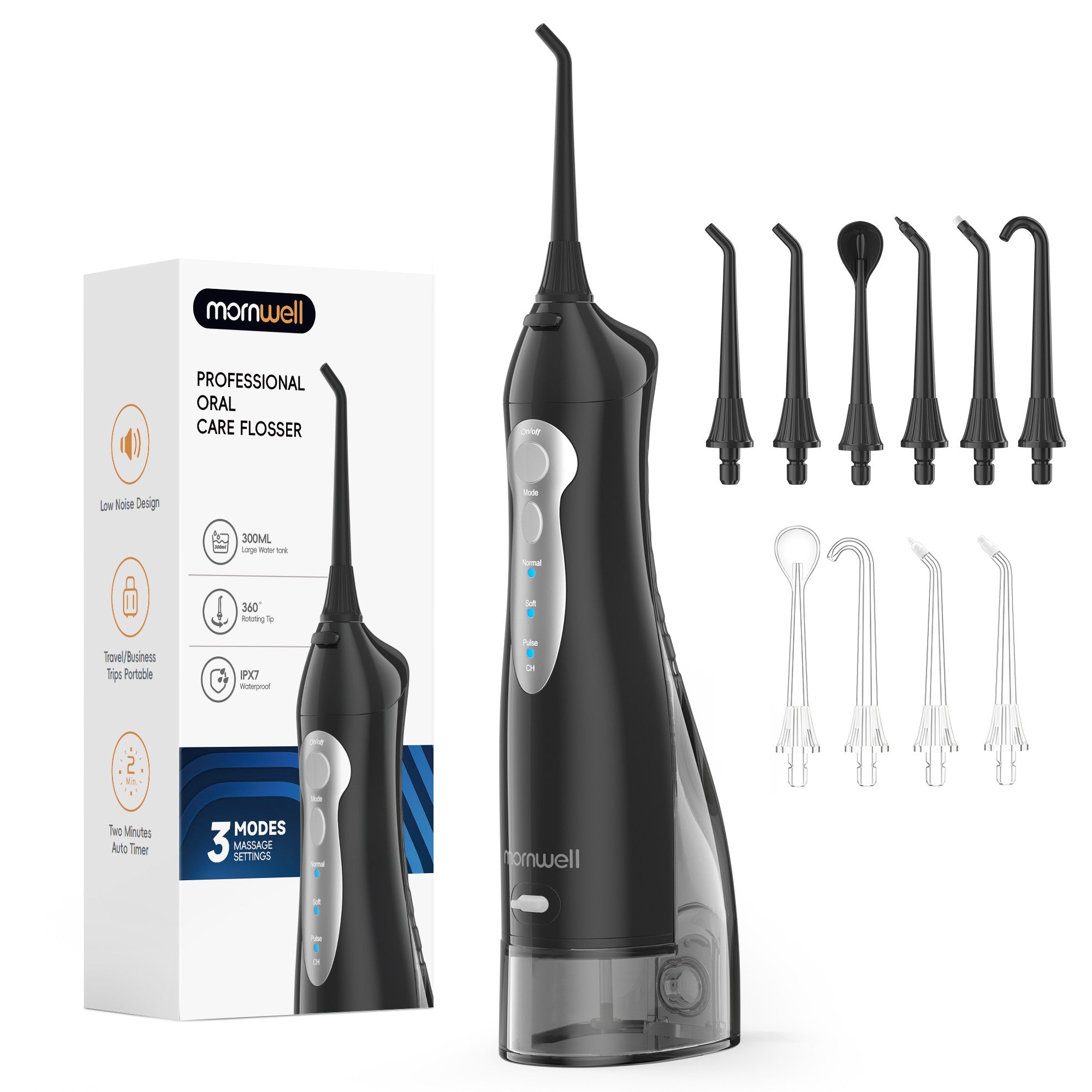 Irrigador Bucal Mornwell con 6 Boquillas y 3 Modos, Irrigador Dental Inalámbrico Portátil D52, Limpiador de Dientes con Resistencia al Agua IPX7