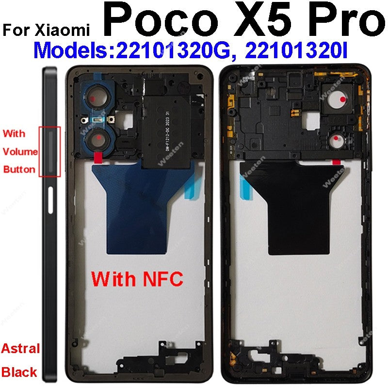 Marco medio para Xiaomi Poco X5 Poco X5 Pro con carcasa trasera NFC, chasis de marco frontal con botones de volumen, piezas de reparación
