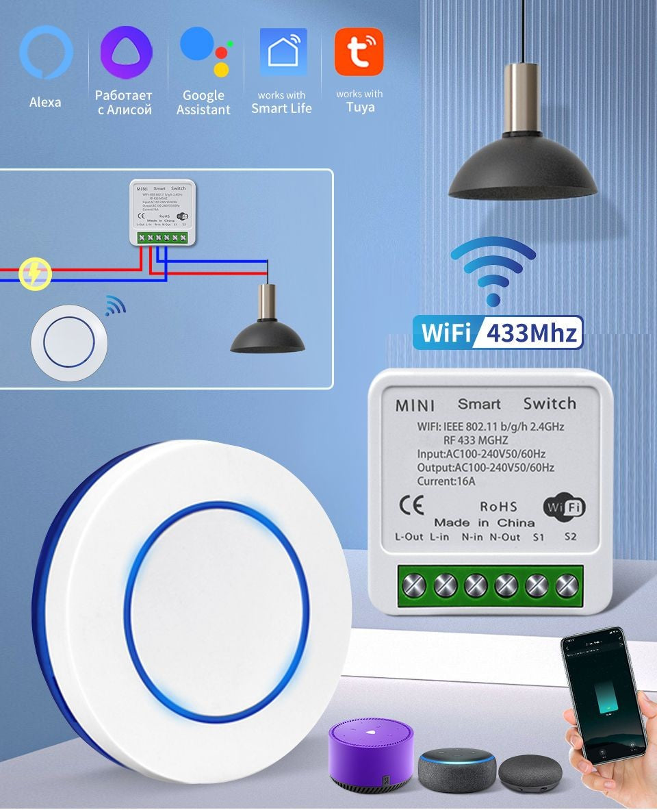 Wifi Tuya interruptor inteligente RF 433MHz 16/20A Alexa asistente de Google Alice relé inalámbrico DIY Mini módulo para iluminación Led de Panel de pared