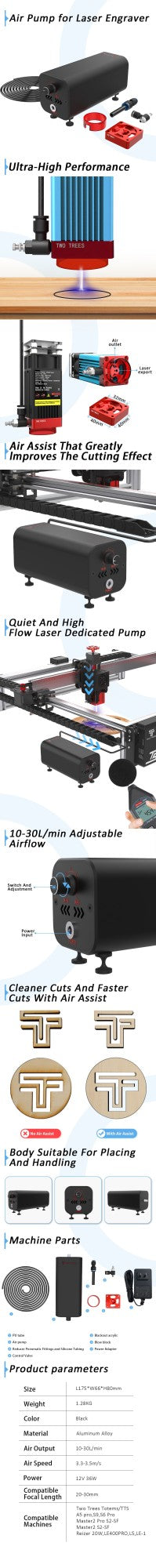 Twotrees Air Assist Bomba de aire de alta velocidad Flujo de aire ajustable Compatible con grabador láser TTS-55/Atomstack A5 Pro/Sculpfun S9