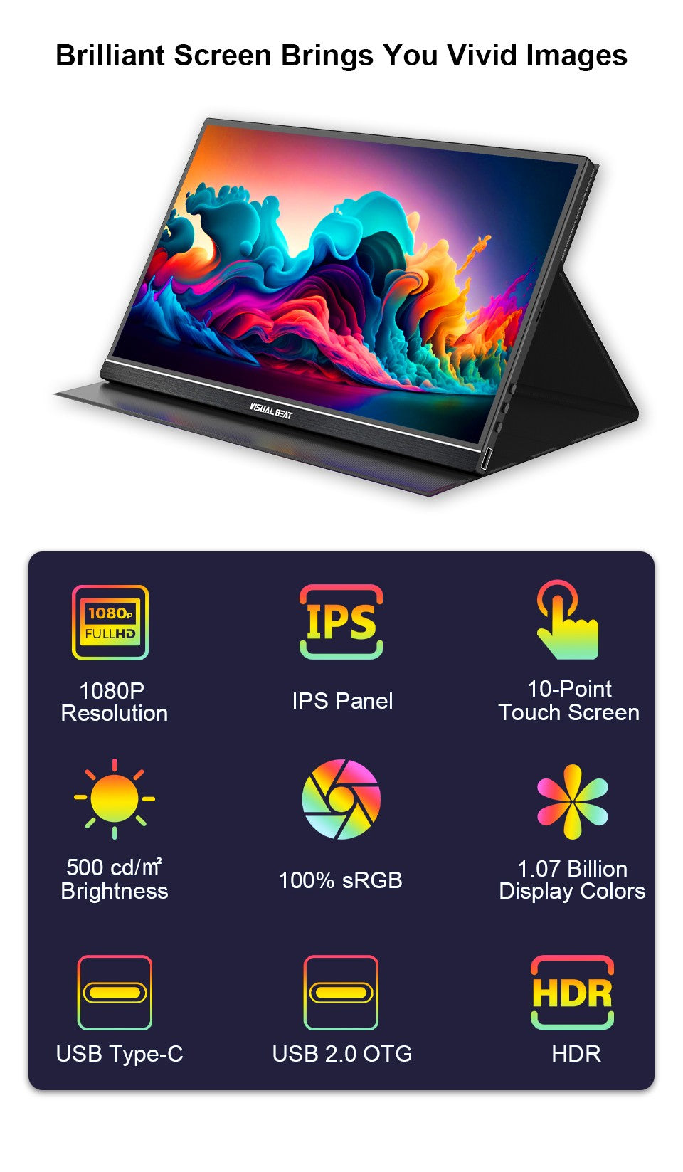 VISUALBEAT Monitor Portátil con Pantalla Táctil de 15.6'', FHD 1080P IPS HDR, con USB-C y HDMI, para Laptop, PC, Mac, Consola, Oficina y Viajes