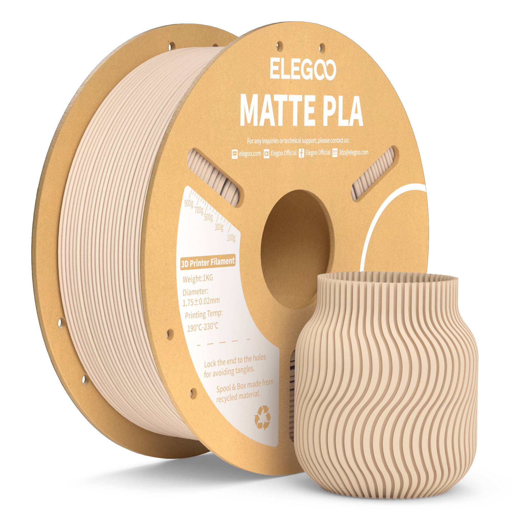 Filamento PLA Mate ELEGOO 1KG, 1.75mm para Impresora 3D FDM, Precisión Dimensional +/- 0.02mm, Bobina de Cartón de 1kg (2.2lbs)