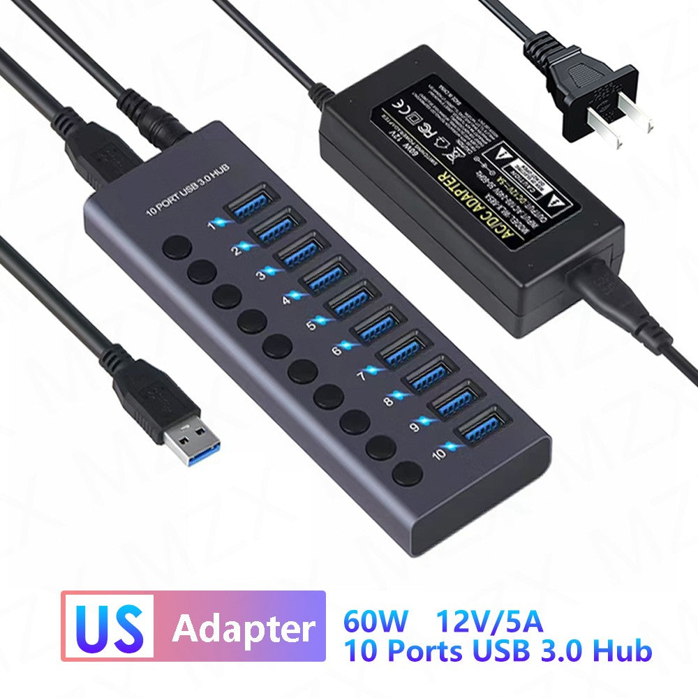USB 3,0 Hub Socket Switch 4 6 10 puertos concentrador multi-tap multipuerto estación de acoplamiento cargador fuente de alimentación múltiple tipo C