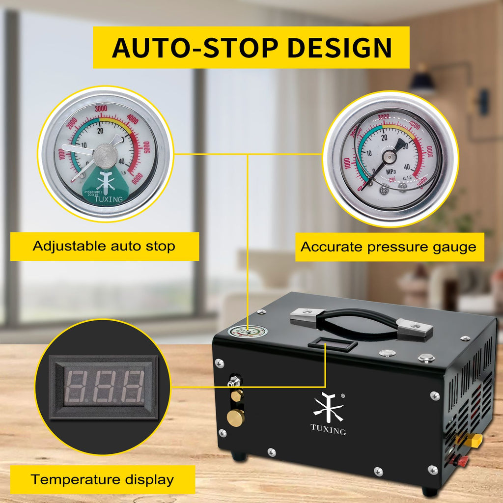 Compresor de aire PCP de parada automática TUXING TXET061 de 300 bar y 4500 psi de alta presión con adaptador de corriente de 12 V para buceo con rifle