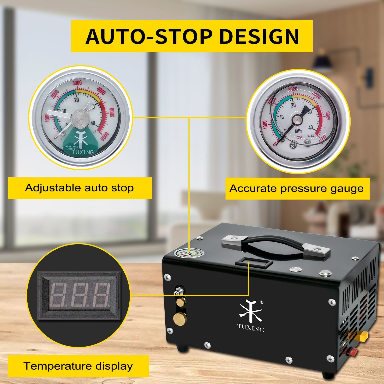 Compresor de aire PCP de parada automática TUXING TXET061 de 300 bar y 4500 psi de alta presión con adaptador de corriente de 12 V para buceo con rifle
