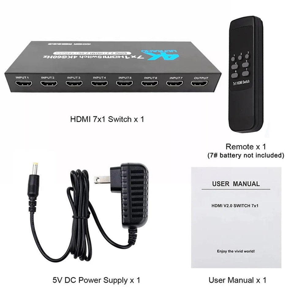Conmutador HDMI 2.0 7 en 1, 4K 60Hz, Conmutador HDMI 5X1/4X1 HDR, Control Remoto para PS5, Xbox Series X, NS Switch, PC, HDTV 4K