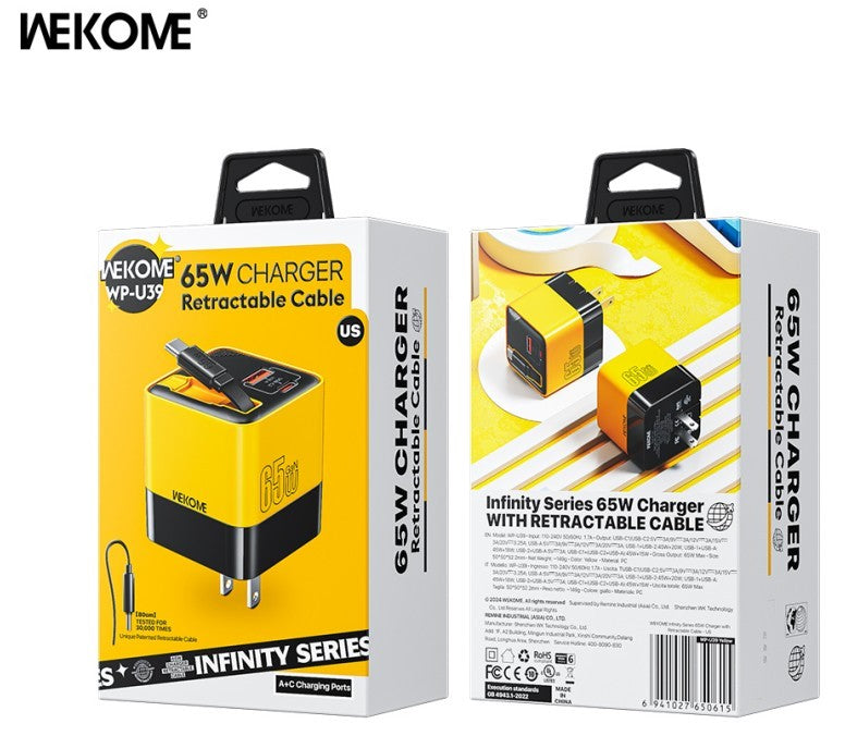 WEKOME-cargador rápido con cabezal de carga USB-C de 65W con Cable tipo C incorporado de 80cm, adecuado para iPhone16 15 Promax PD 27W Xiaomi Samsung