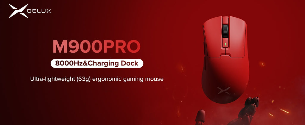 Ratón inalámbrico para juegos Delux M900 PRO, ergonómico, 8K, velocidad de orolling PAW3395 BK3633, base de carga RGB de 63g para PC y portátil de mano grande derecha