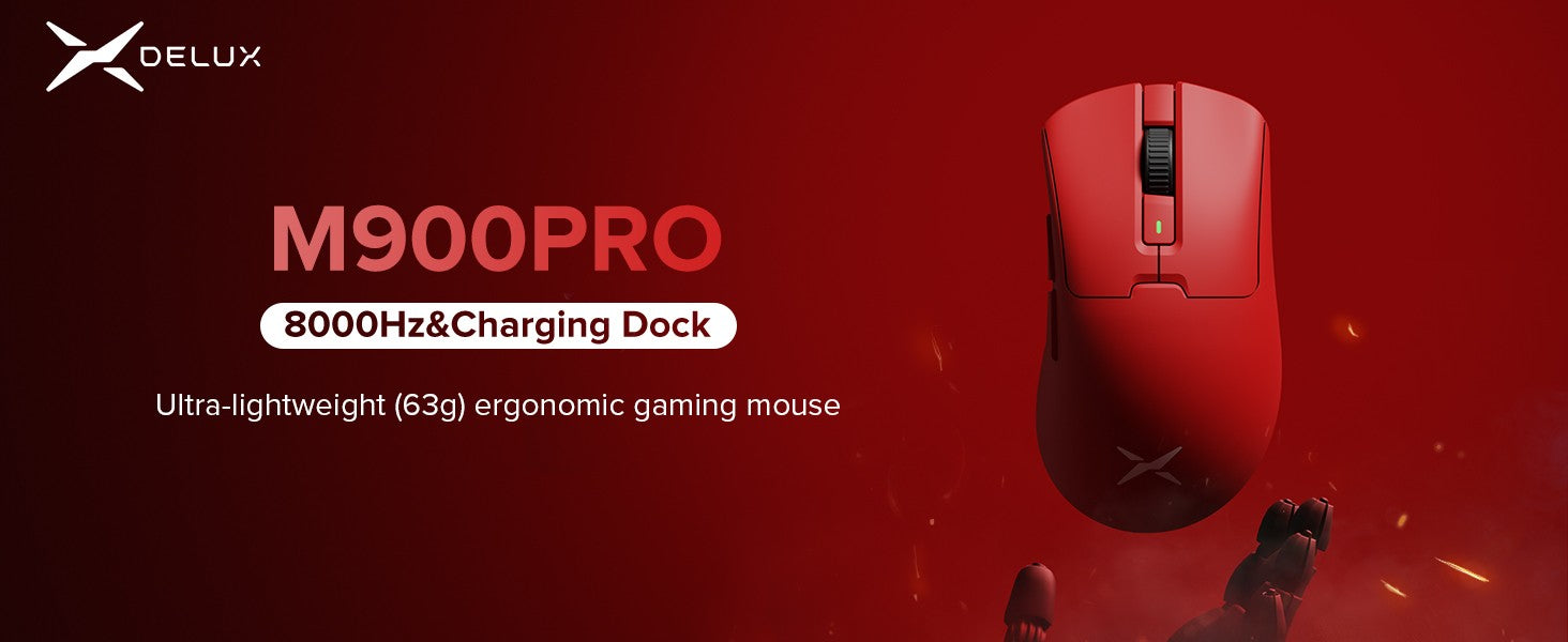 Ratón inalámbrico para juegos Delux M900 PRO, ergonómico, 8K, velocidad de orolling PAW3395 BK3633, base de carga RGB de 63g para PC y portátil de mano grande derecha