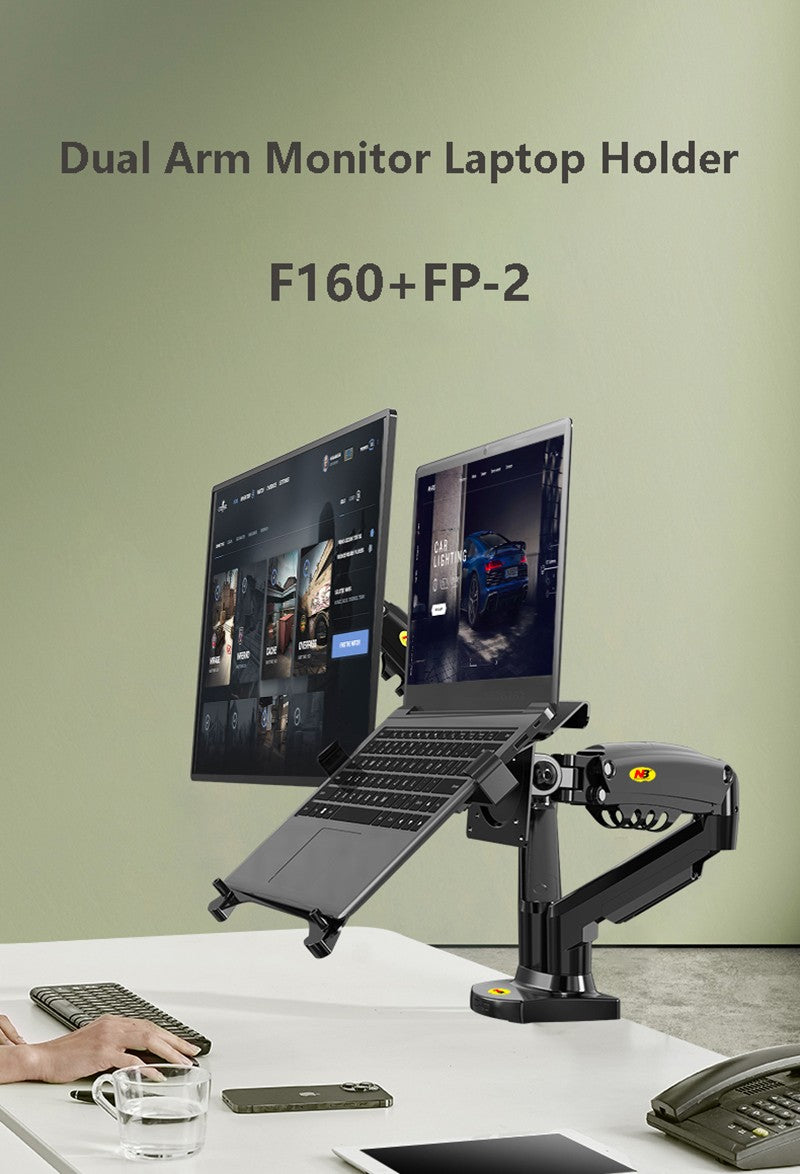 Soporte para Laptop con Doble Monitor y USB 3.0 NB F160-FP, Brazo Doble con Resorte de Gas para Monitores de 17'-27' + Soporte para Laptop de 10'-17'