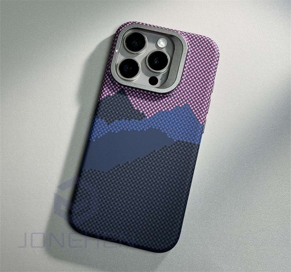 Soporte de aleación para lente MagSafe, funda para iPhone 14, 15 Pro, 13Pro Max, carga inalámbrica, textura de píxeles, dura, PC, cubierta trasera delgada