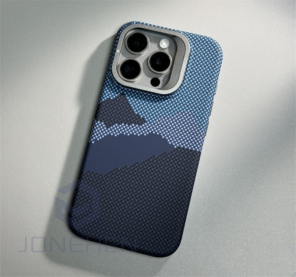 Soporte de aleación para lente MagSafe, funda para iPhone 14, 15 Pro, 13Pro Max, carga inalámbrica, textura de píxeles, dura, PC, cubierta trasera delgada