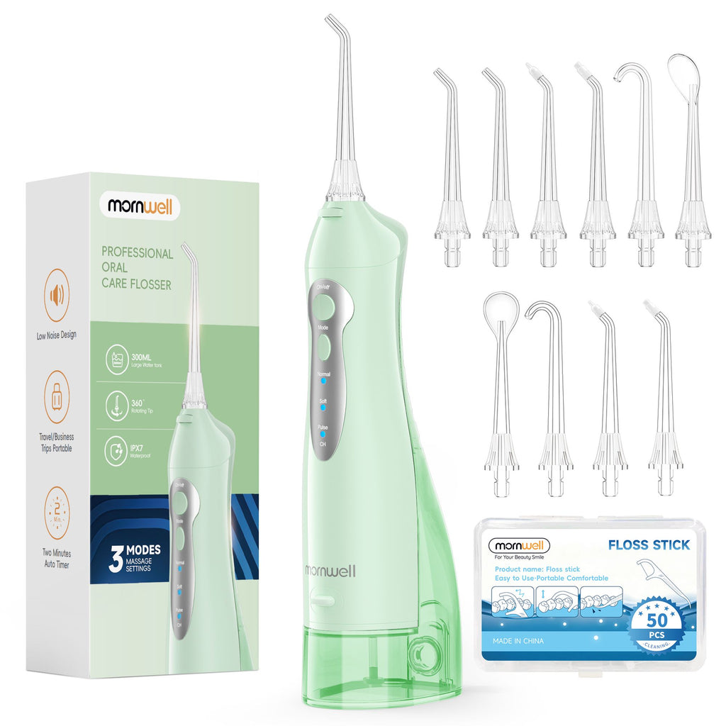 Irrigador Bucal Mornwell con 6 Boquillas y 3 Modos, Irrigador Dental Inalámbrico Portátil D52, Limpiador de Dientes con Resistencia al Agua IPX7