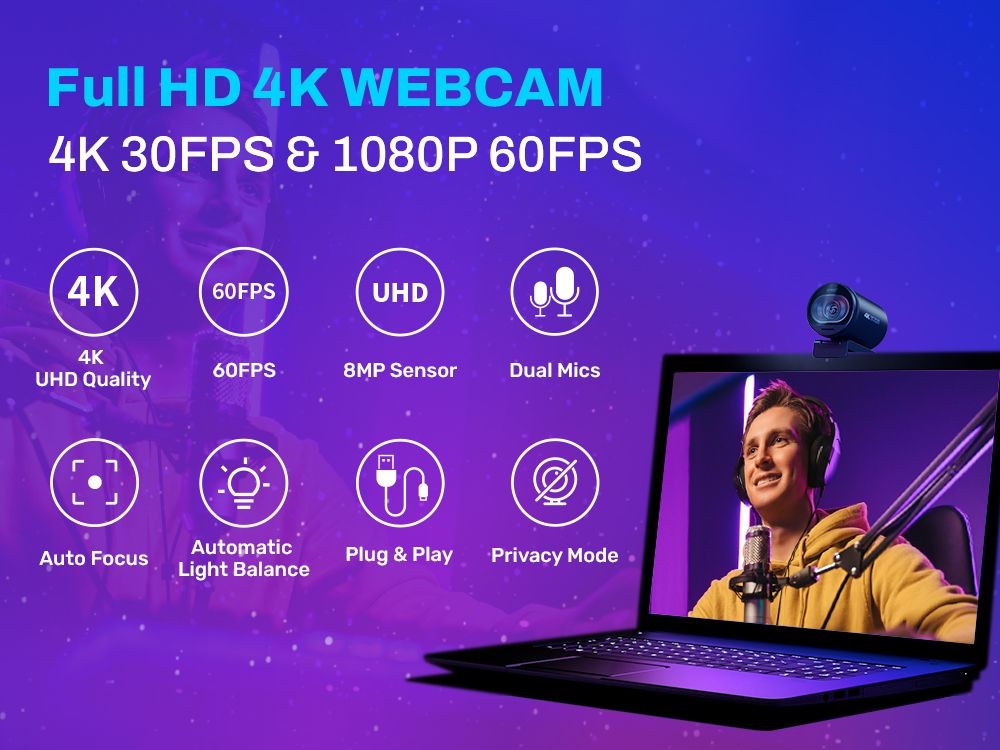 Cámara Web 4K 1080P 60FPS con Enfoque Automático, Cámara Web para Transmisión en Vivo EMEET S600 con Micrófonos y Cubierta de Privacidad para Tiktok/YouTube