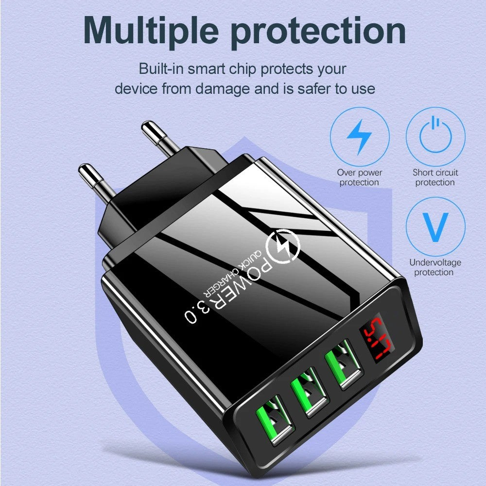 Cargador USB de 3 puertos, adaptador de pared de carga rápida con pantalla Digital LED para Samsung S23 Xiaomi 14 Pro Huawei Mate 60 Redmi