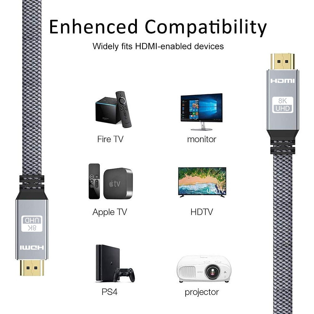 Cable plano HDMI 8K 48Gbps de alta velocidad 8K60 4K120 144Hz Cable trenzado HDMI 2,1 3D eARC HDCP 2,2 y 2,3 Compatible con Roku TV/PS5