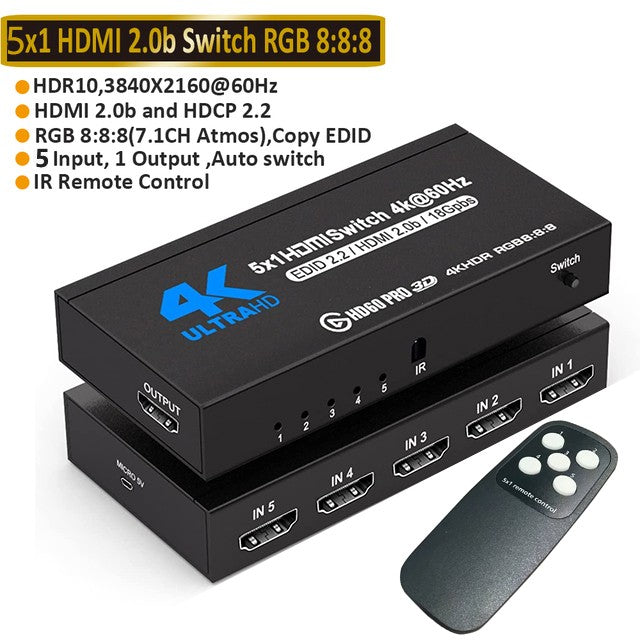 Conmutador HDMI 2.0 7 en 1, 4K 60Hz, Conmutador HDMI 5X1/4X1 HDR, Control Remoto para PS5, Xbox Series X, NS Switch, PC, HDTV 4K