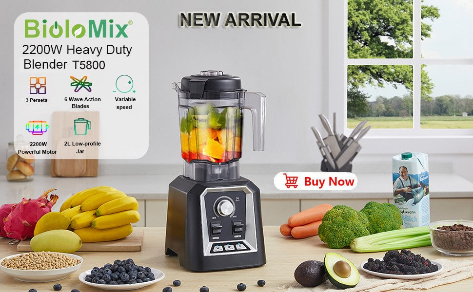 BioloMix-batidora con temporizador de alta resistencia, 3HP, 2200W, exprimidor, procesador de alimentos y frutas, batidos de hielo, sin BPA, tarro de 2L