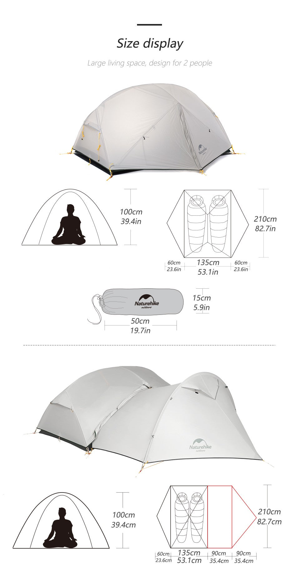 Carpa Naturehike Mongar 2 para Camping y Playa, Nailon 20D Impermeable, Carpa para 2 Personas, Mongar UL Ultraligera, Carpa de Senderismo para 3 Estaciones