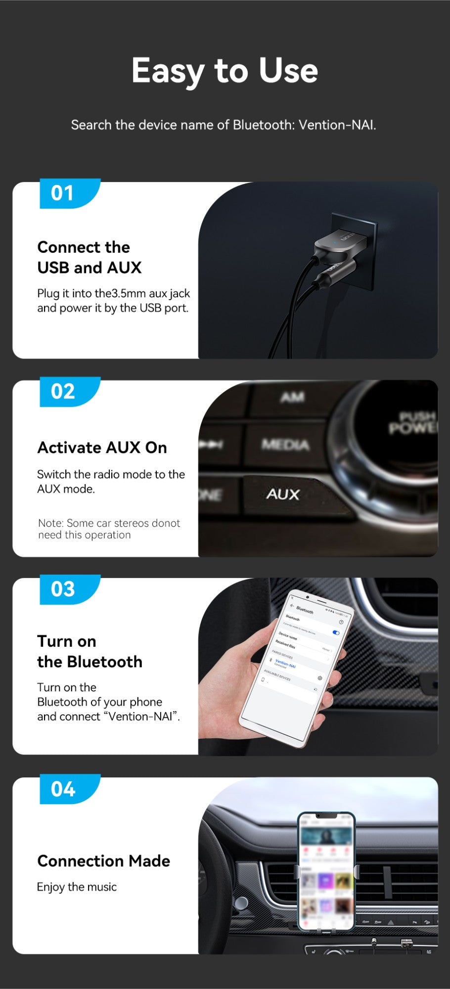 Vention-receptor de Audio Bluetooth para coche, adaptador USB inalámbrico para coche, USB a conector de 3,5mm, micrófono, manos libres, Bluetooth 5,4, accesorios para coche