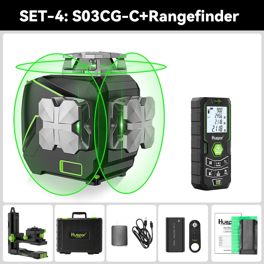 Huepar S03CG Set nivel láser de línea cruzada 3D Bluetooth y control remoto 12 líneas láser de haz verde Osram con receptor trípode telémetro