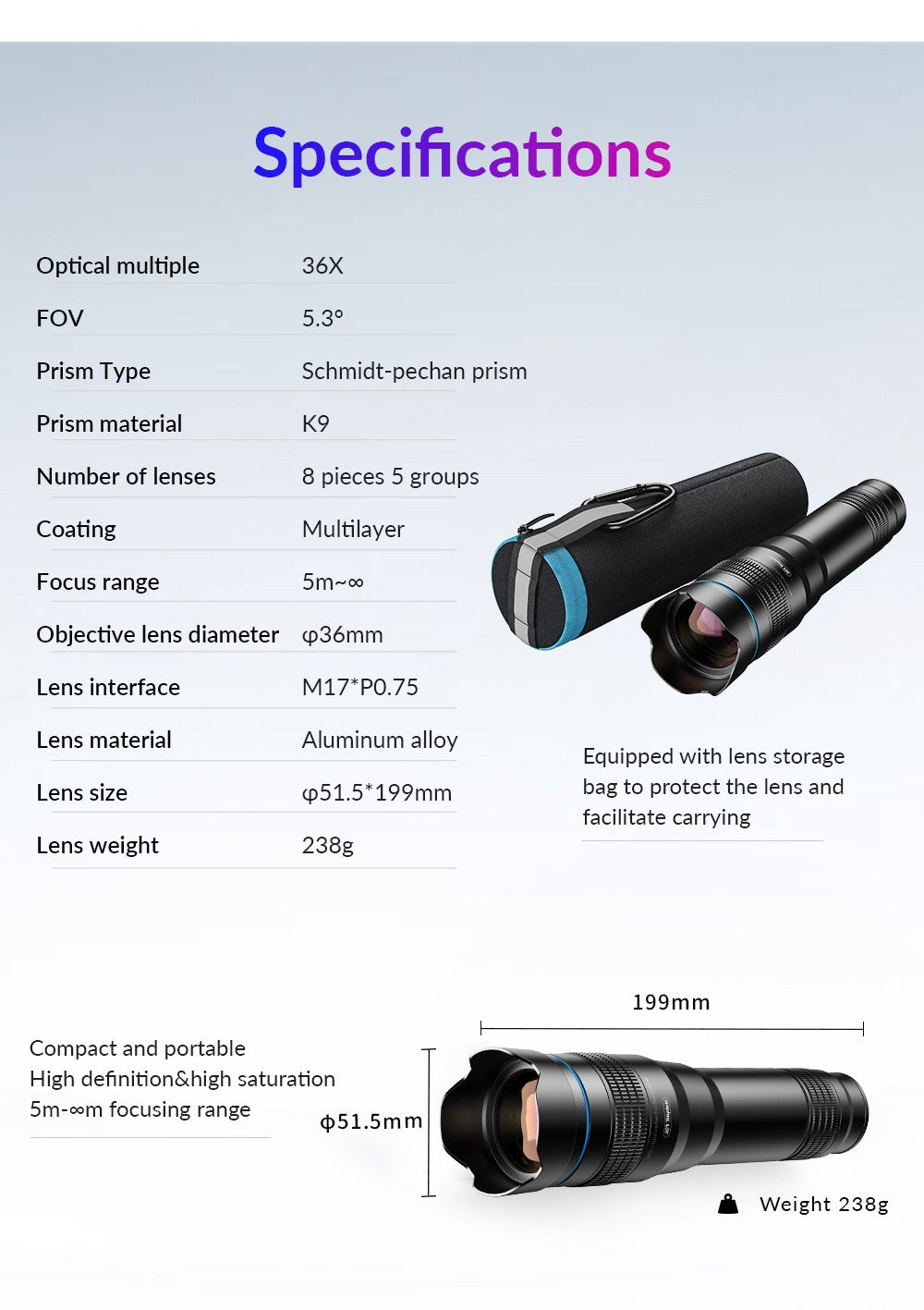 APEXEL-teleobjetivo de Metal 36X con trípode, telescopio Universal con Clip, para teléfonos inteligentes iPhone, Samsung, Camping y senderismo