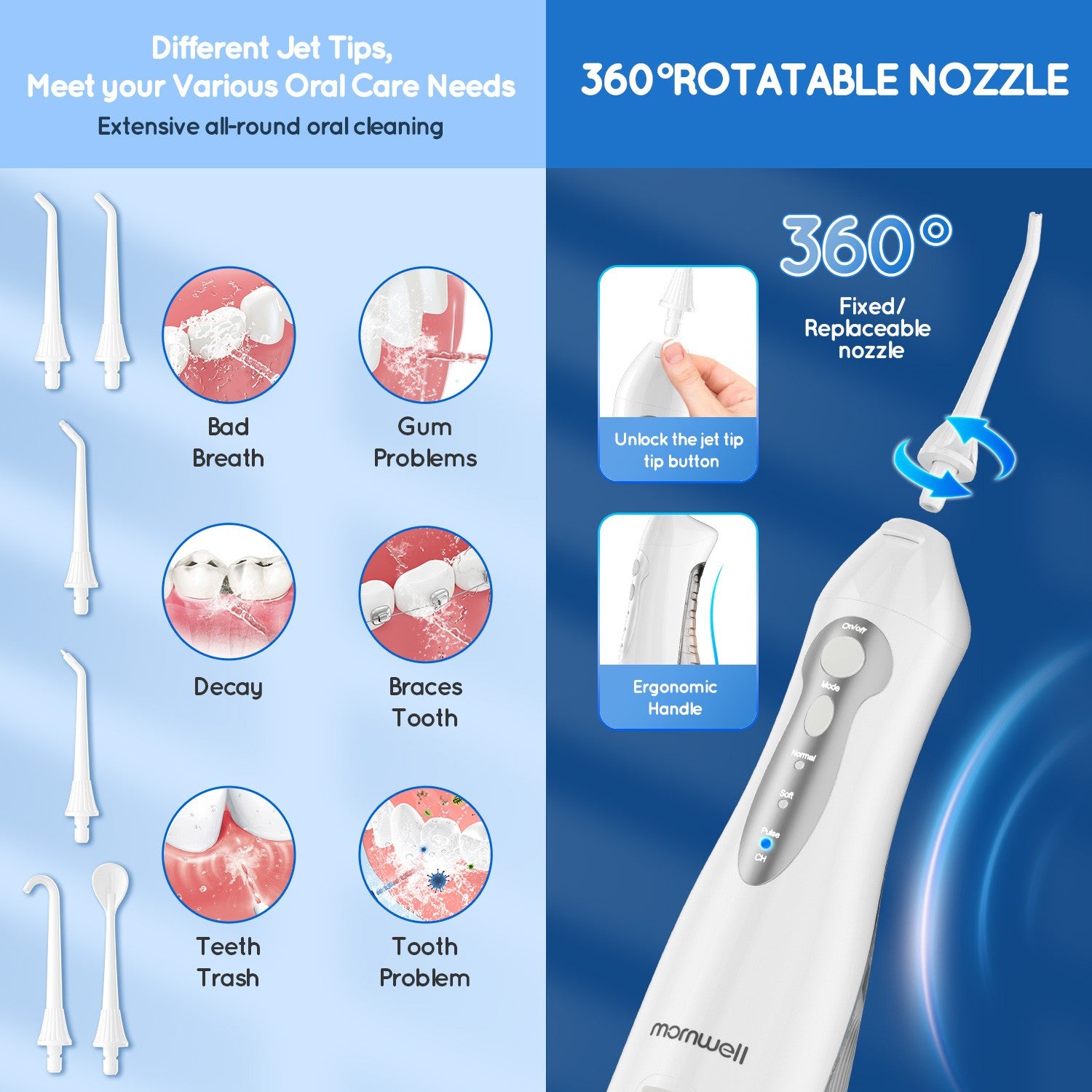 Irrigador Bucal Mornwell con 6 Boquillas y 3 Modos, Irrigador Dental Inalámbrico Portátil D52, Limpiador de Dientes con Resistencia al Agua IPX7