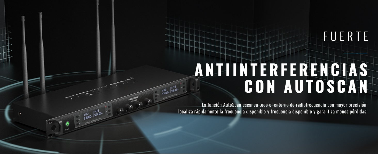 Micrófono inalámbrico profesional UHF Phenyx Pro 4 canales escaneo automático frecuencia seleccionable Metal 100M para cantar Iglesia PTU7000