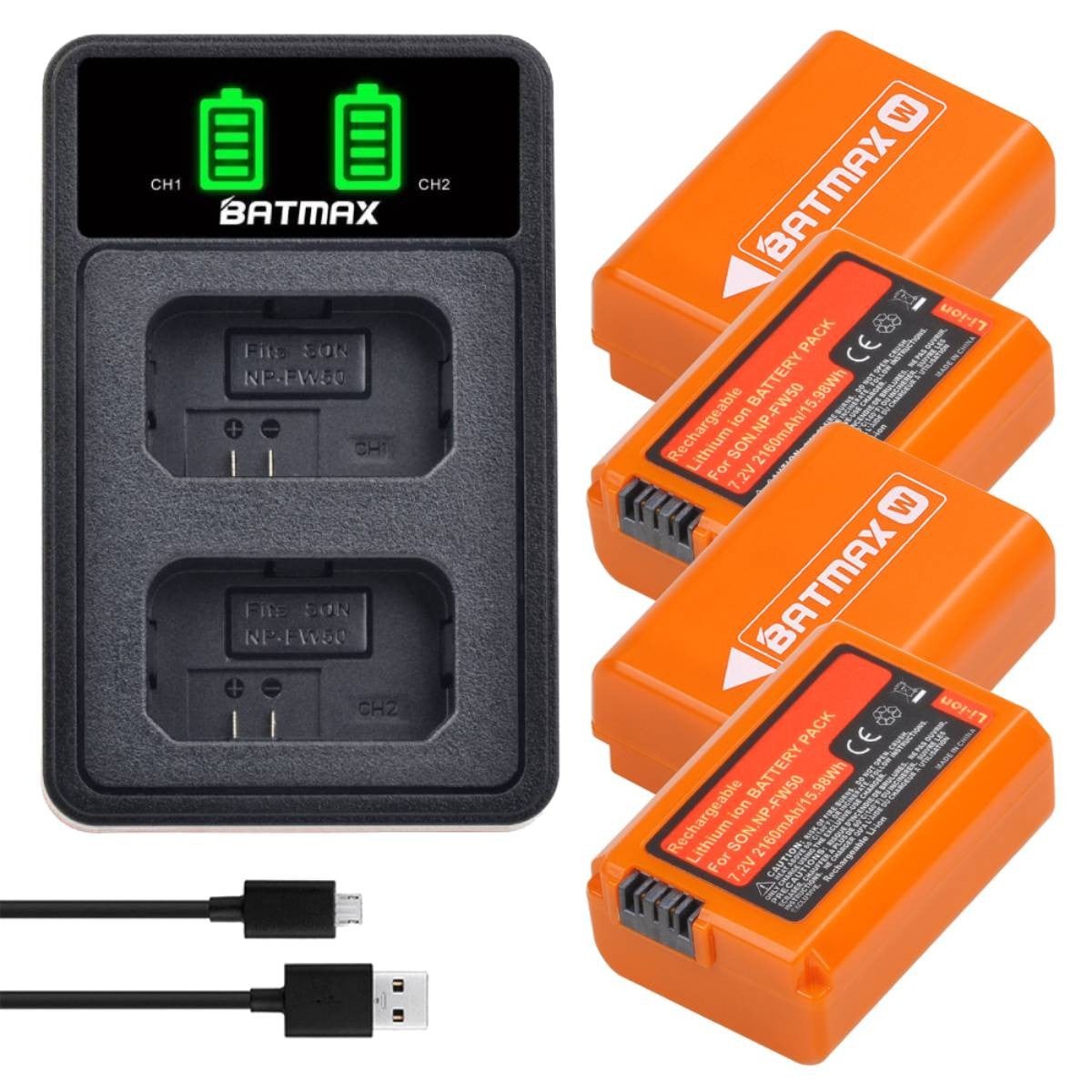 Batería Batmax 2160mAh NP-FW50 NPFW50 + nuevo cargador Dual LED para Sony ZVE10 a6500 a6300 a6000 a5000 a3000 NEX-3 a7R a7S NEX-7