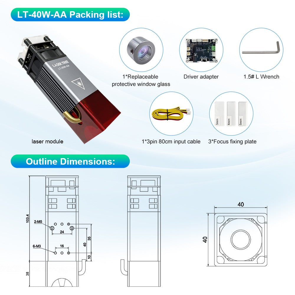 LASER TREE 5W módulo láser con asistencia de aire 450nm enfoque fijo TTL cabezal láser de luz azul para máquina de grabado de corte CNC DIY