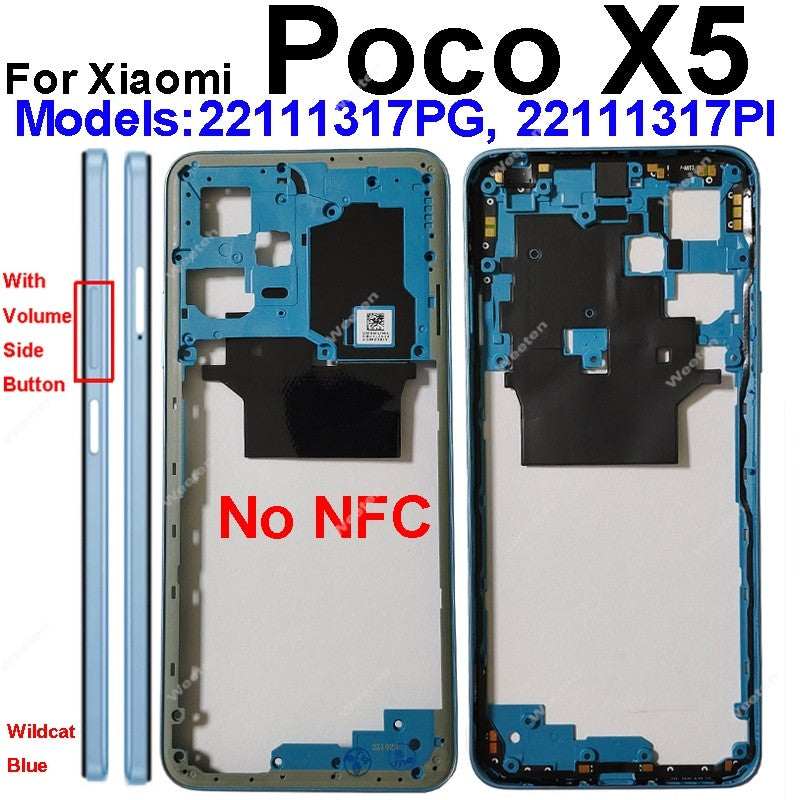 Marco medio para Xiaomi Poco X5 Poco X5 Pro con carcasa trasera NFC, chasis de marco frontal con botones de volumen, piezas de reparación