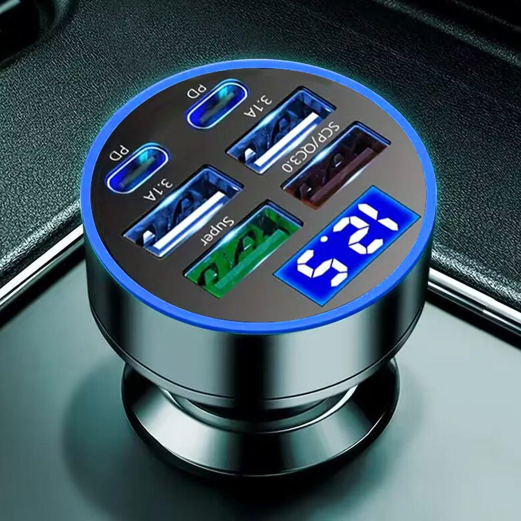 Cargador de teléfono para coche con carga rápida QC3.0, 6 puertos con Monitor de voltaje LED, adaptador automotriz multi-USB, cargador de coche PD Dual